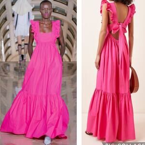 Self-Portrait Fuschia Cotton Poplin Maxi Dress Tiered Ruffle Long Sleeveless 2